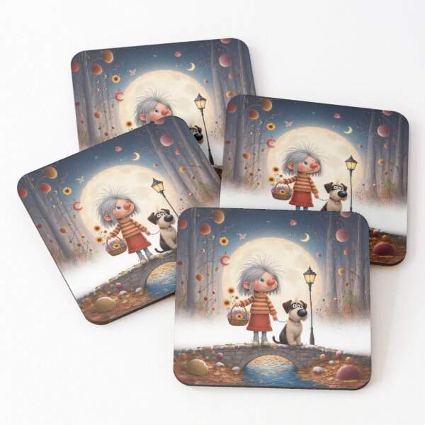 Item preview, Moonlit Autumn Walk with a Little Girl and Her Dog – Whimsical Storybook Illustration designed and sold by Whimsical Hug.