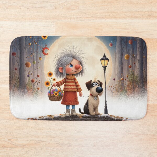 Item preview, Moonlit Autumn Walk with a Little Girl and Her Dog – Whimsical Storybook Illustration designed and sold by Whimsical Hug.