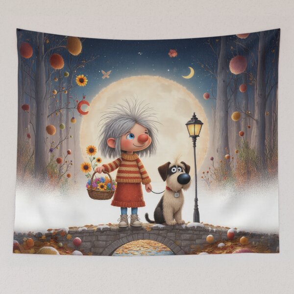Item preview, Moonlit Autumn Walk with a Little Girl and Her Dog – Whimsical Storybook Illustration designed and sold by Whimsical Hug.