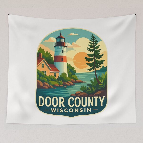Item preview, Door County Wisconsin Lighthouse with Cabin and Trees at Sunset designed and sold by Places On Earth.