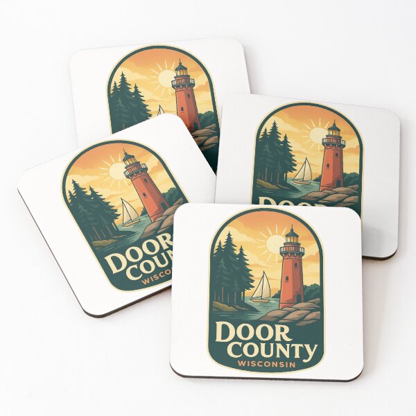 Item preview, Door County Wisconsin Red Lighthouse with Sailboat and Sun designed and sold by Places On Earth.