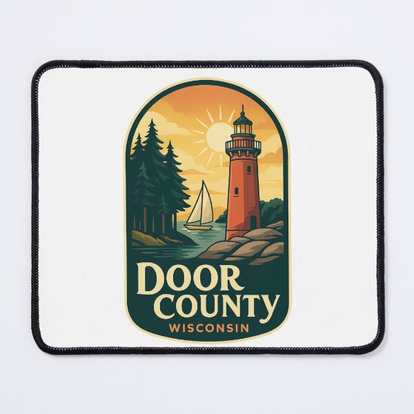 Item preview, Door County Wisconsin Red Lighthouse with Sailboat and Sun designed and sold by Places On Earth.