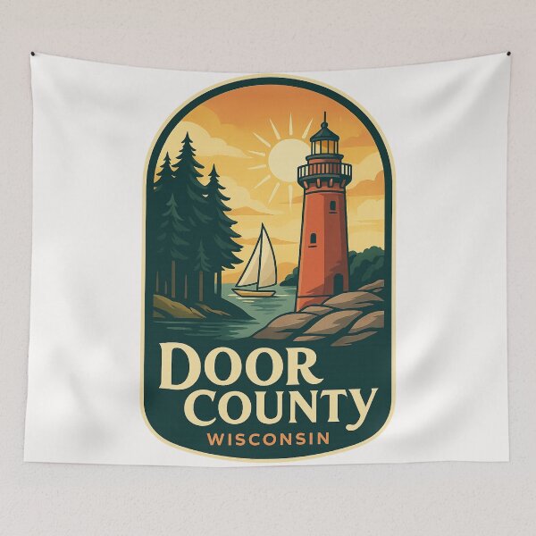 Item preview, Door County Wisconsin Red Lighthouse with Sailboat and Sun designed and sold by Places On Earth.