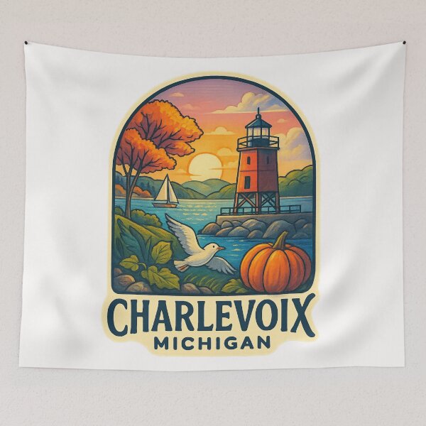 Item preview, Charlevoix Michigan Lighthouse with Sailboat and Autumn Colors designed and sold by Places On Earth.