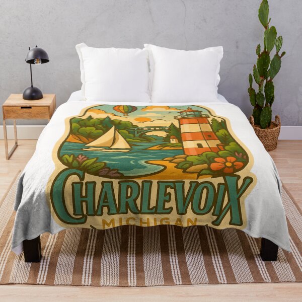 Item preview, Charlevoix Michigan Lighthouse with Sailboat and Hot Air Balloon designed and sold by Places On Earth.