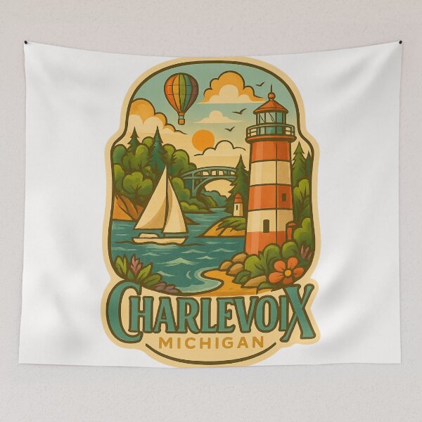 Item preview, Charlevoix Michigan Lighthouse with Sailboat and Hot Air Balloon designed and sold by Places On Earth.
