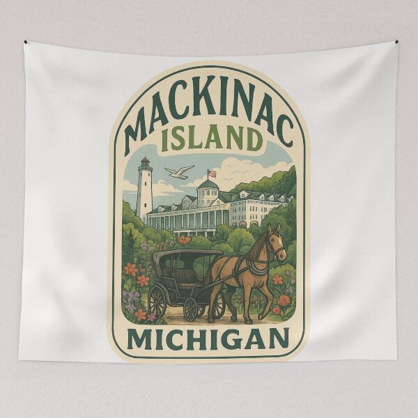 Item preview, Mackinac Island Michigan Grand Hotel with Lighthouse and Horse Carriage designed and sold by Places On Earth.