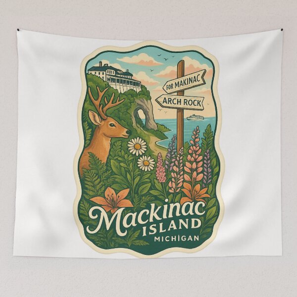 Item preview, Mackinac Island Michigan Arch Rock with Wildflowers and Deer designed and sold by Places On Earth.