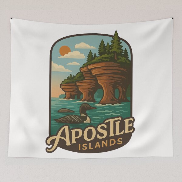 Item preview, Apostle Islands Sea Caves with Sunset and Common Loon designed and sold by Places On Earth.