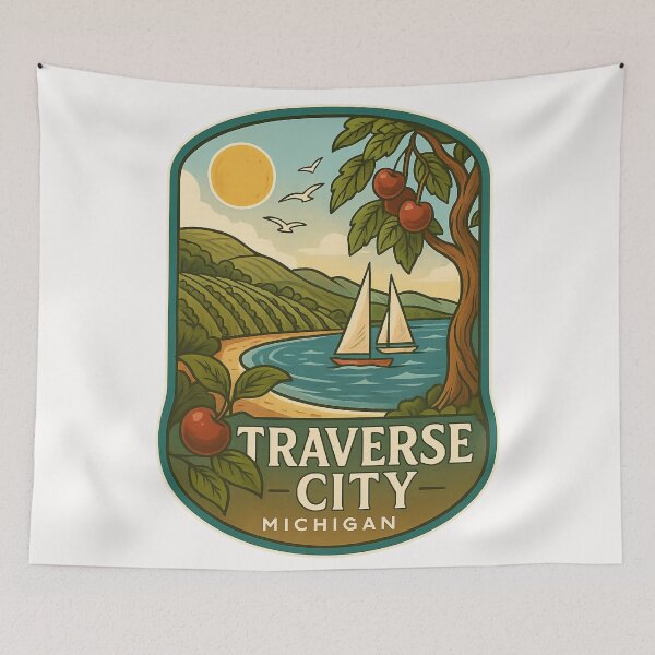 Item preview, Traverse City Michigan Sailboats and Cherries with Hillside Vineyard designed and sold by Places On Earth.