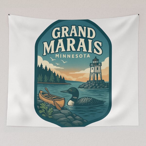 Item preview, Grand Marais Minnesota Lighthouse with Canoe and Loon at Sunset designed and sold by Places On Earth.