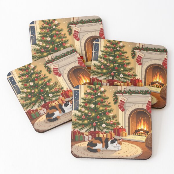Item preview, A cozy living room on Christmas Eve, a sleepy calico cat is curled up on a plush rug near the fireplace. designed and sold by Ponted.