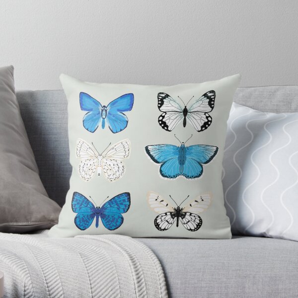 Lepitoptery No. 2 - Blue and White Butterflies and Moths Throw Pillow