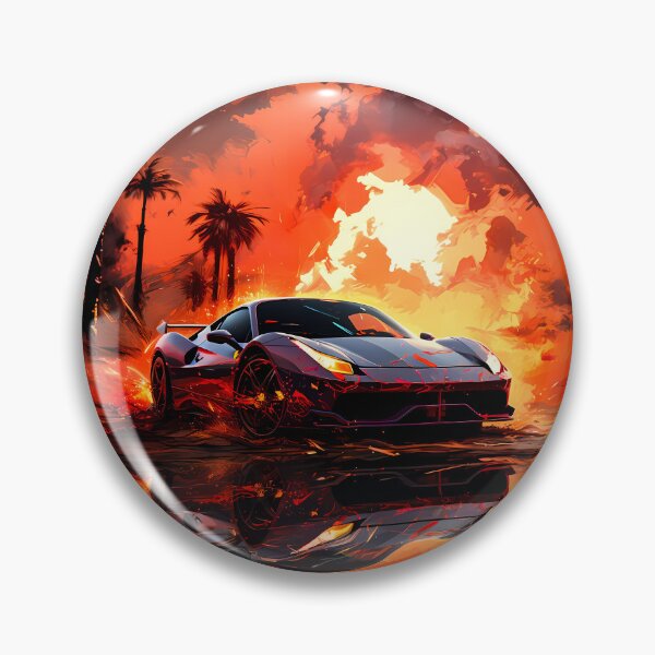 Item preview, Exotic coupe drifting across wet palm‑lined boulevard at dusk designed and sold by RevUpDesign.