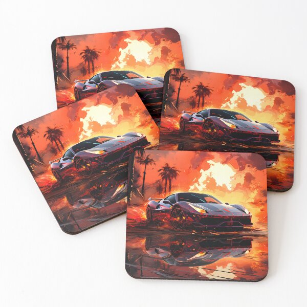 Item preview, Exotic coupe drifting across wet palm‑lined boulevard at dusk designed and sold by RevUpDesign.