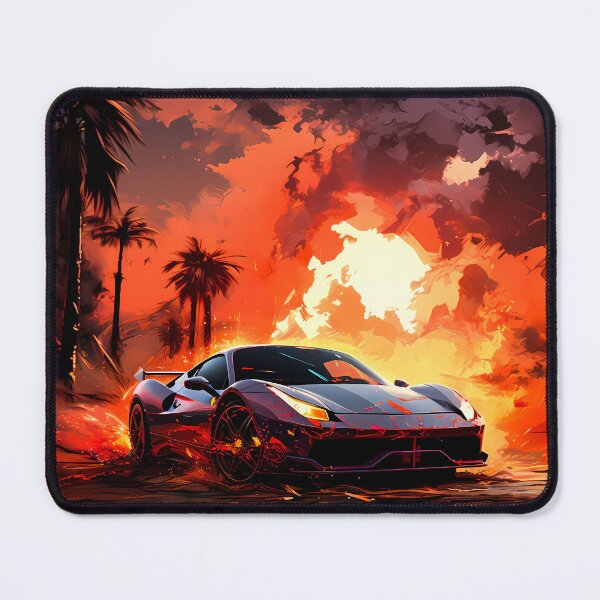 Item preview, Exotic coupe drifting across wet palm‑lined boulevard at dusk designed and sold by RevUpDesign.