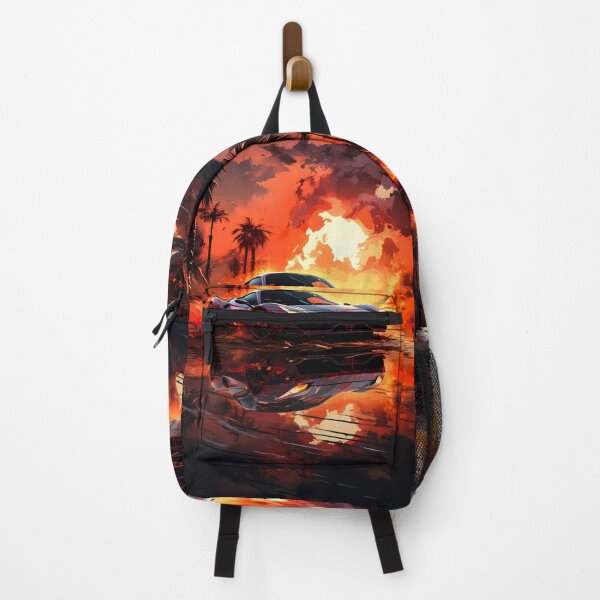 Item preview, Exotic coupe drifting across wet palm‑lined boulevard at dusk designed and sold by RevUpDesign.