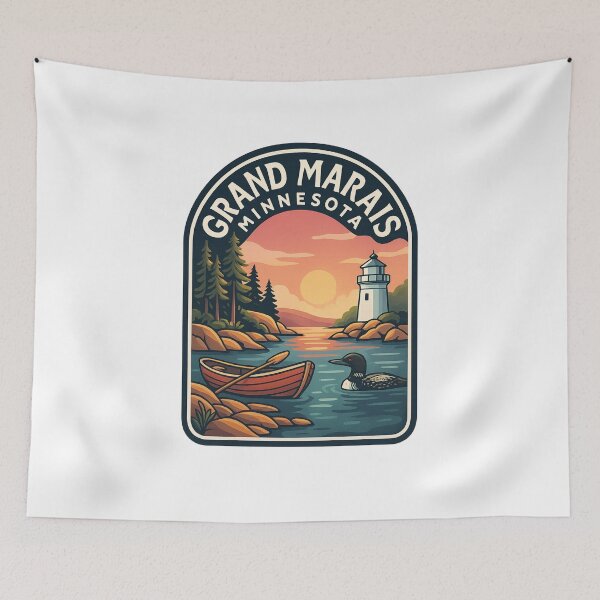 Item preview, Grand Marais Minnesota Sunset with Lighthouse and Forest Shoreline designed and sold by Aryabek.