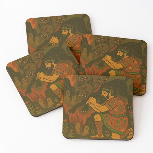 Item preview, Heracles Captures Cerberus from the Underworld – Retro Folk Art designed and sold by mythographiaart.