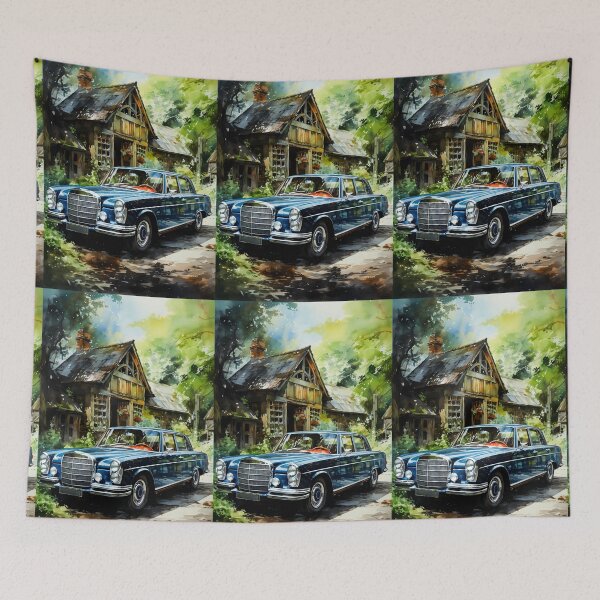 Item preview, Vintage executive car parked beside rustic storybook house designed and sold by RevUpDesign.