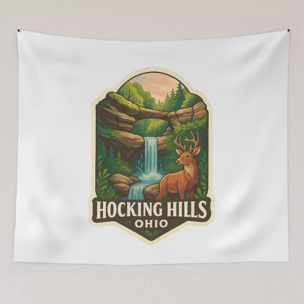 Item preview, Natural Bridge and Waterfall with Deer in Hocking Hills, Ohio designed and sold by Aryabek.
