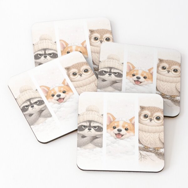 Item preview, Cozy Winter Animals T-Shirt Design – Cute Raccoon Corgi and Owl Art Set designed and sold by Beamiverse.