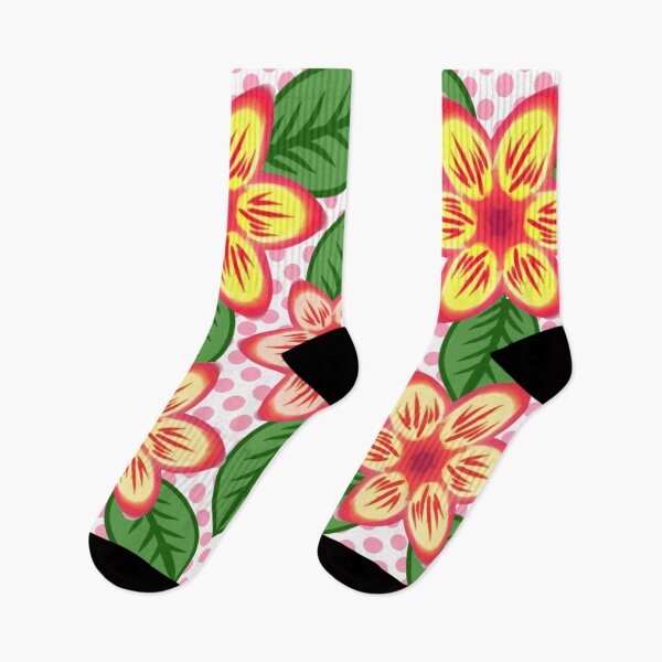 Aperçu de l'œuvre Fleurs jaune vif et rouge et feuilles vertes sur fond de pois roses créée et vendue par HopeAndHustle.