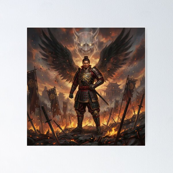 Item preview, Oda Nobunaga – Dark Winged Samurai Warrior with Oni Spirit | Japanese Mythic Battle Art designed and sold by Mori-no-Akari.
