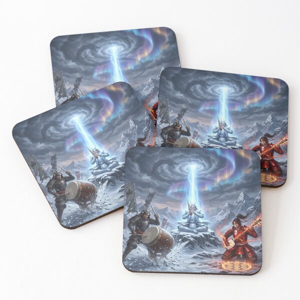 Item preview, Samurai Trio of the Northern Sky – Drums, Shamisen, and Spiritual Warrior | Aurora Battle Fantasy Art designed and sold by Mori-no-Akari.