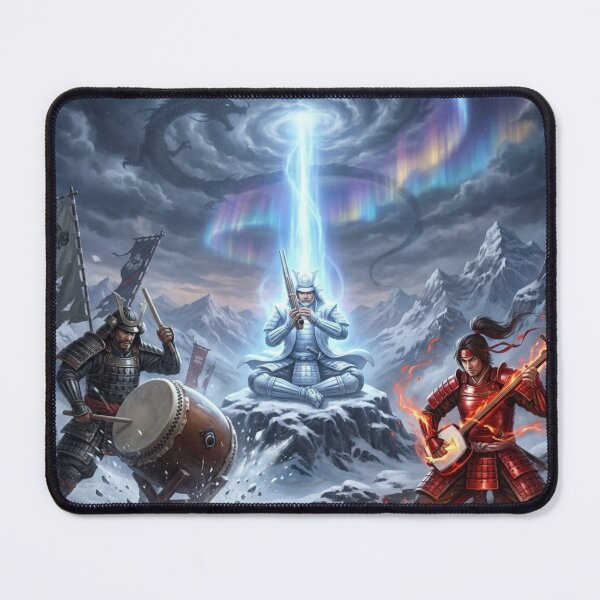 Item preview, Samurai Trio of the Northern Sky – Drums, Shamisen, and Spiritual Warrior | Aurora Battle Fantasy Art designed and sold by Mori-no-Akari.
