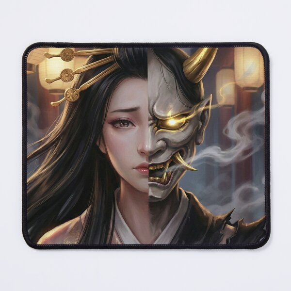 Item preview, Split Mask Hannya Woman – Half Demon Half Human | Japanese Yokai Dark Fantasy Art designed and sold by Mori-no-Akari.