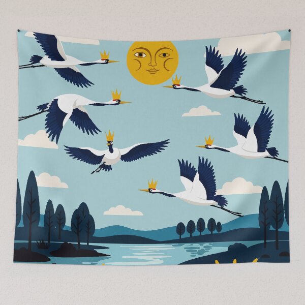 Item preview, Geometric illustration depicting Birds flying over a lake designed and sold by Design4uStudio.