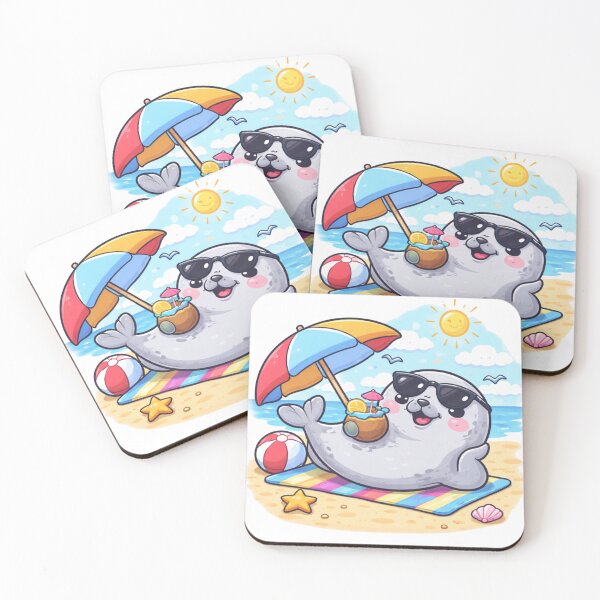 Item preview, Cute seal on the beach – summer cartoon sea creature with sunglasses designed and sold by Fies-und-Fein.
