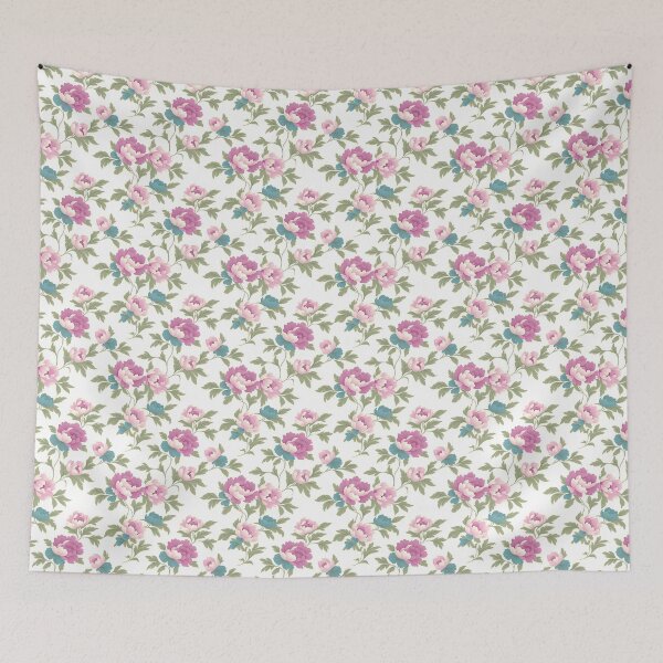Item preview, The image showcases an elegant floral pattern with pink and blue peonies, complemented by lush green leaves on a bright white background, evoking a sense of freshness. designed and sold by rujlaphusstudio.