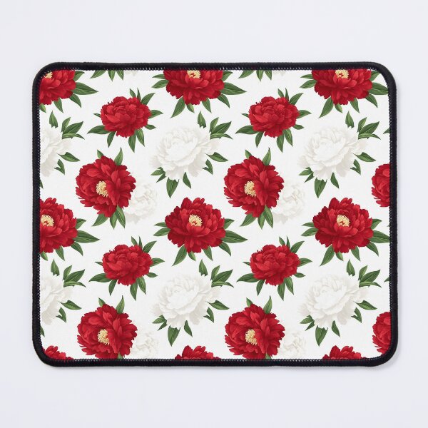 Item preview, The image displays a seamless pattern with red and white peony flowers accented by dark green leaves, all set against a clean, white background for a vibrant contrast. designed and sold by rujlaphusstudio.