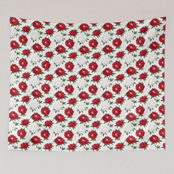 Item preview, The image displays a seamless pattern with red and white peony flowers accented by dark green leaves, all set against a clean, white background for a vibrant contrast. designed and sold by rujlaphusstudio.