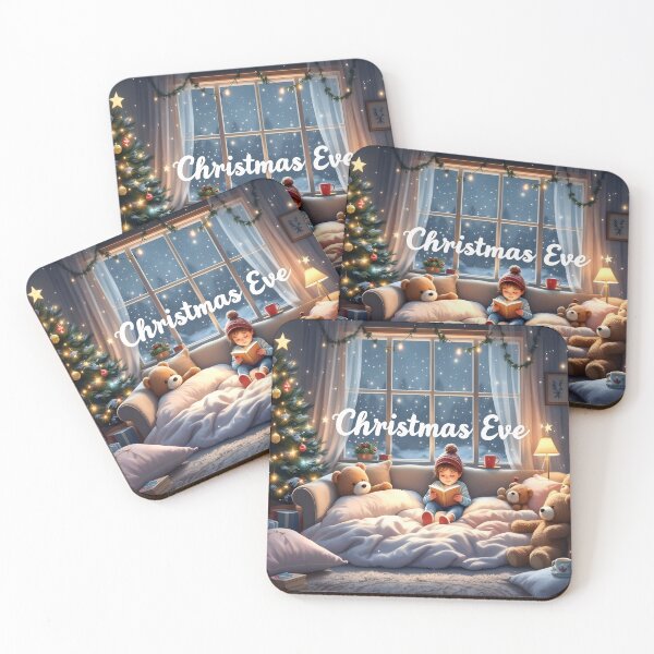 Item preview, "Cozy Christmas Eve Cute Child Reading by Tree Snowy Window Holiday Illustration designed and sold by DreamyWallVibes.