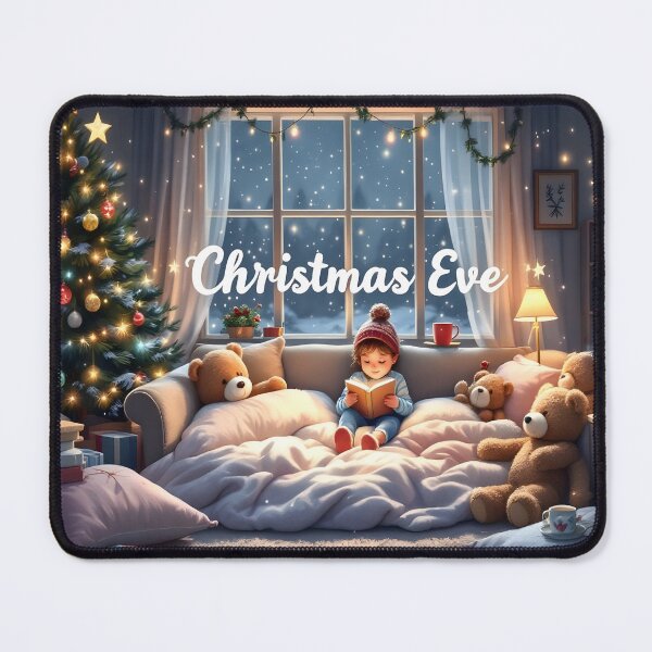 Item preview, "Cozy Christmas Eve Cute Child Reading by Tree Snowy Window Holiday Illustration designed and sold by DreamyWallVibes.