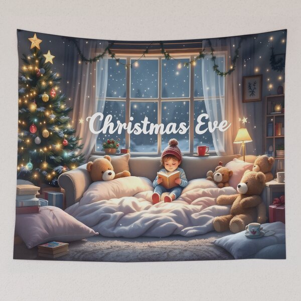 Item preview, "Cozy Christmas Eve Cute Child Reading by Tree Snowy Window Holiday Illustration designed and sold by DreamyWallVibes.