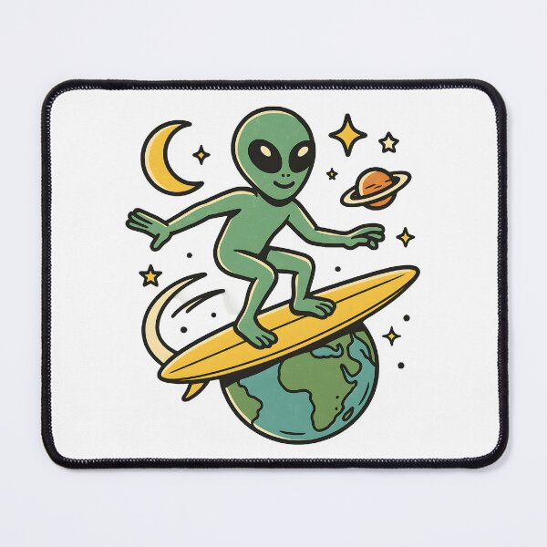 Item preview, Surfing Alien Riding Saturn Around Earth Cartoon Space Art. designed and sold by The-T-In-Retro.