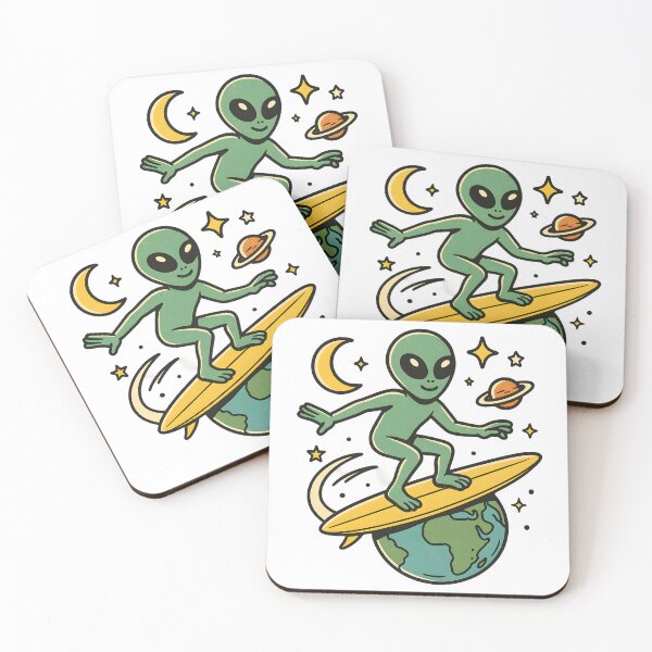 Item preview, Surfing Alien Riding Saturn Around Earth Cartoon Space Art. designed and sold by The-T-In-Retro.