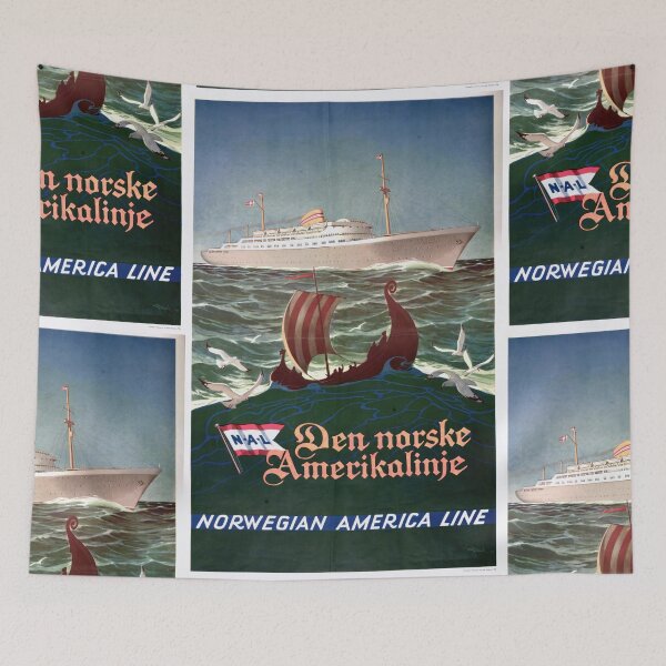 Item preview, Vintage Norwegian America Line Poster | Modern Ocean Liner & Viking Ship | Mid-20th Century Travel Art | Maritime Heritage Decor designed and sold by artofuniverse.
