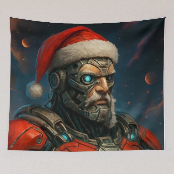 Item preview, Sci-Fi Cybernetic Santa Claus Christmas Art – Neon Blue Cyan Futuristic Space Illustration designed and sold by TSOL5.