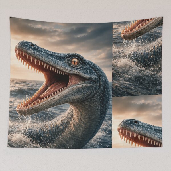 Item preview, Primal Terror: The Plesiosaur's Golden-Eyed Roar Above the Sunset Sea designed and sold by PrehistoryPulse.
