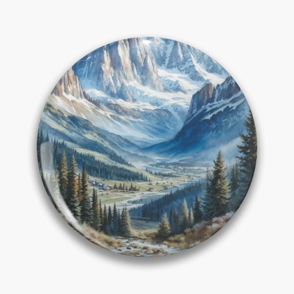 Artikelvorschau, Aquarell-Berglandschaft | Verschneites Alpental und Kiefernwald entworfen und verkauft von RokaCircles.