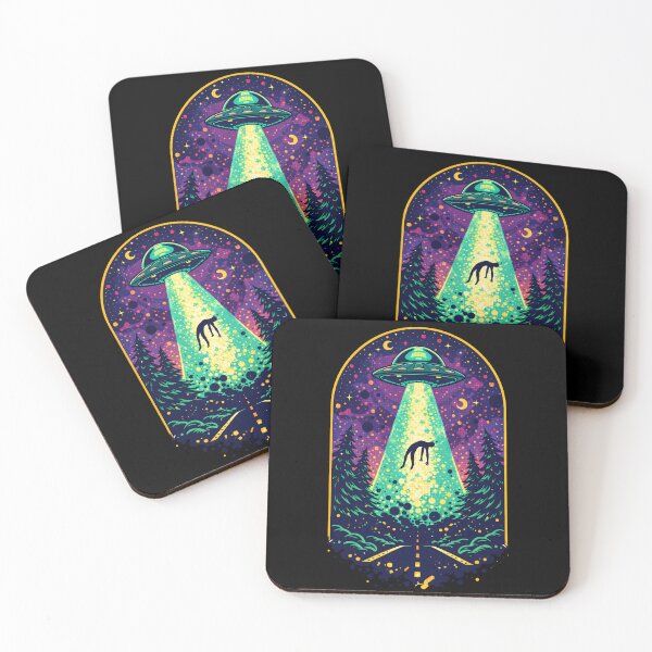 Item preview, Retro Alien Abduction UFO Night Scene - Vintage Sci-Fi Forest Art designed and sold by DrawHandArt.