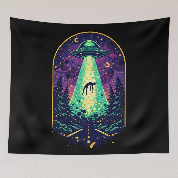 Item preview, Retro Alien Abduction UFO Night Scene - Vintage Sci-Fi Forest Art designed and sold by DrawHandArt.