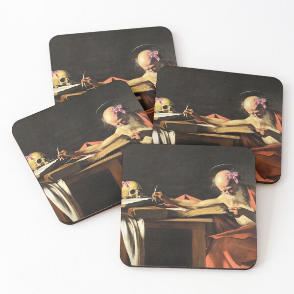 Item preview, Coquette Saint Jerome Writing - Caravaggio Art Parody with Pink Bows designed and sold by Open Canvas.