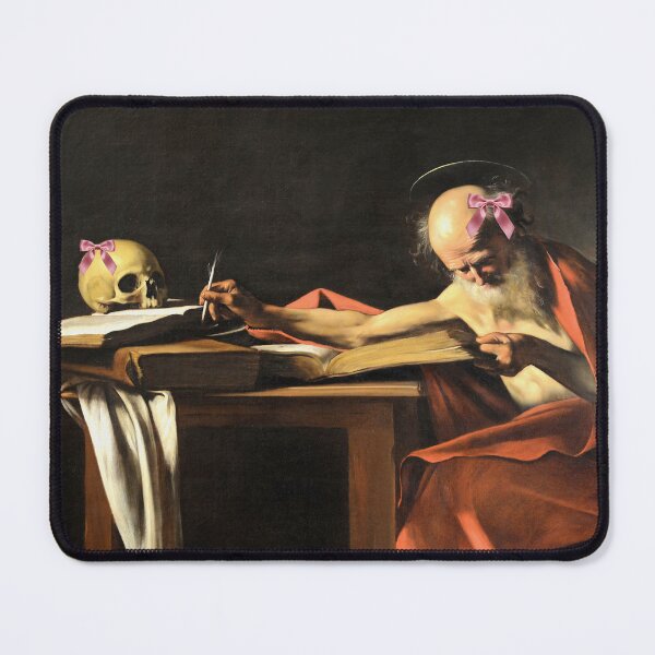 Item preview, Coquette Saint Jerome Writing - Caravaggio Art Parody with Pink Bows designed and sold by Open Canvas.