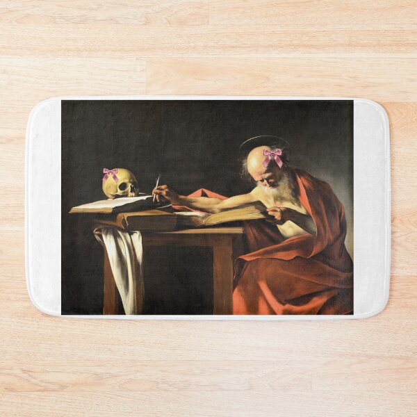 Item preview, Coquette Saint Jerome Writing - Caravaggio Art Parody with Pink Bows designed and sold by Open Canvas.